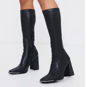 Black Square Toe Calf Heeled Sock Boots